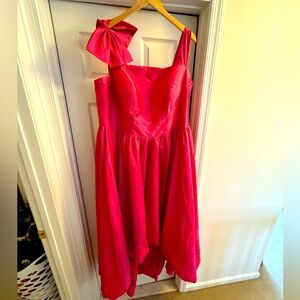Show-Stopping Glamour: Hot Pink High-Low Satin Ball Gown with One-Shoulder Bow